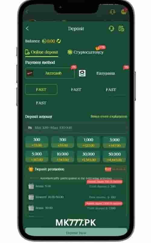 MK999 Game Deposit method - Easypaisa and jazzCash